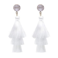 Boho Statement White Tassel Clip On Drop Earrings - Feather Fringe Dangling Earr