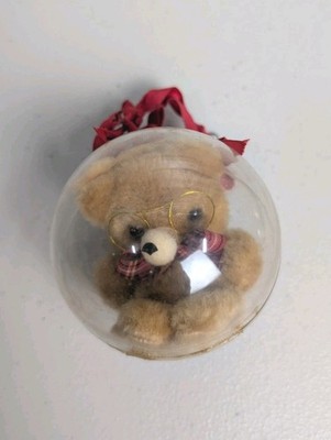 Vintage Plush Teddy Bear in Clear Acrylic Ball Ornament - Glasses Plaid Bow Tie