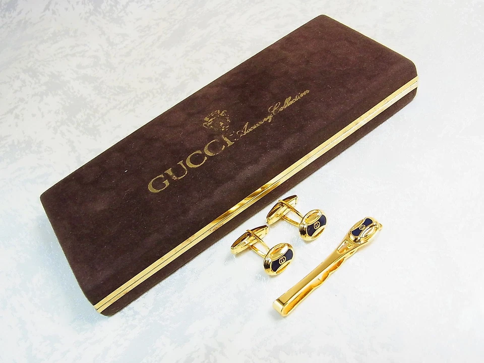 Винтажный Gucci запонки и галстук бар зажим Pin набор GG логотип золото черный с коробкой EX - Изображение 2 из 4