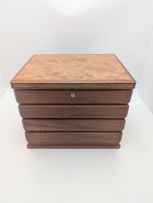 Agresti Luxury Italian Burl Briarwood Jewelry Chest w/ Key 4 Suede Compartments