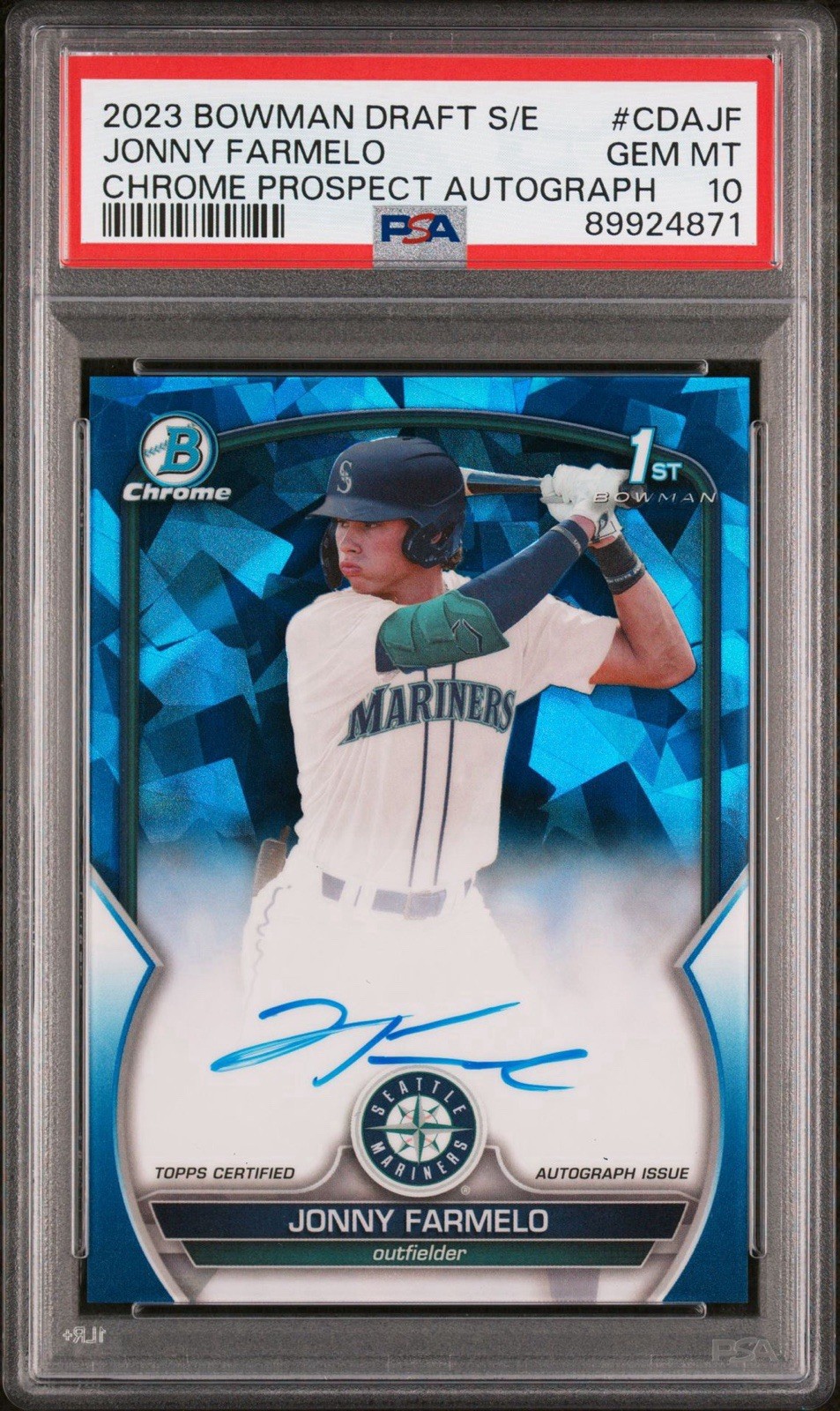 2023 Bowman Draft Sapphire Jonny Farmelo Chrome Auto 1st #/199 PSA 10