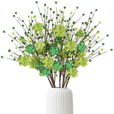 Sggvecsy St.Patrick's Day 6 Pcs Glitter Shamrock Berry Stems Artificial Green