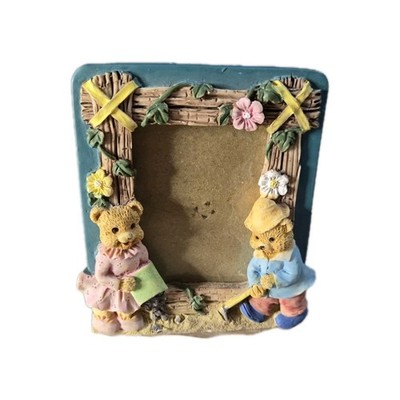 Vintage Bear Couple Picture Frame Figurine   Rustic Farmhouse Decor