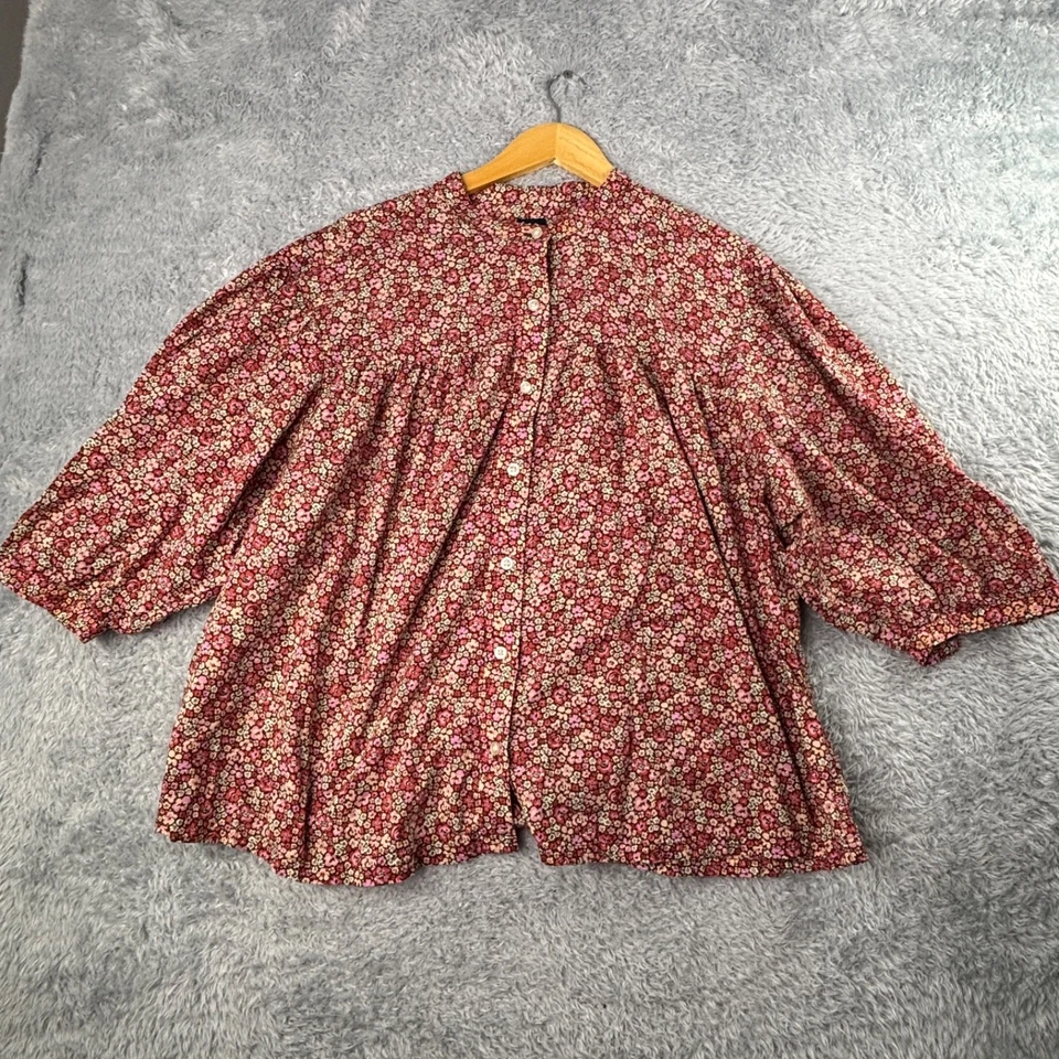 Top túnica babydoll floral Lee XL rojo rosa Ditsy manga 3/4 algodón cottagecore Foto 2 de 4