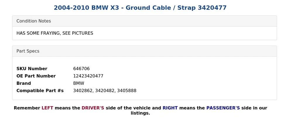 BMW X3 2004-2010 - Cable de tierra/correa 3420477 Foto 4 de 4