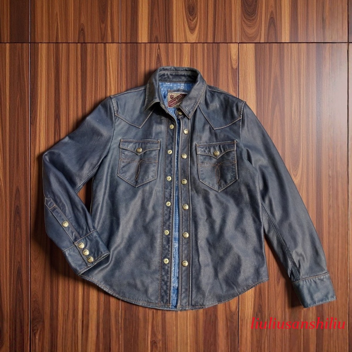 Mens Distressed Cowhide Leather Shirt - Vintage Style Western Stonewashed Indigo