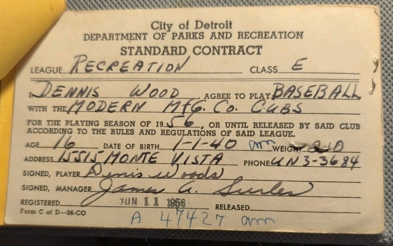 orig. 1956 Detroit Baseball Federation CONTRACT *Player Photo #1