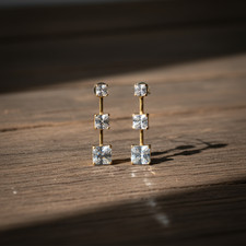 14K Yellow Gold 3 Stone CZ Drop Dangle Earrings Princess Cut Sparkling Gift