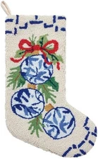 Blue Ornament Chinoiserie Christmas Hooked Stocking- Wool 21"