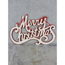 Wooden Merry Christmas Hanging Wall Sign Red Glitter Holiday Decor