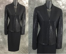 BEAUTIFUL St John evening knit black rhinestones embellished skirt suit size 2