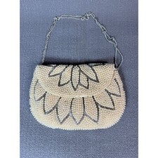 Vtg La Regale Made in Japan Hand Beaded Evening Bag Cream Silver Floral Chain