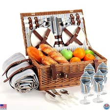 Deluxe Wicker Picnic Basket Set for 4 with Waterproof Blanket & Insulated Cooler