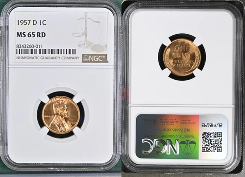 1957-D LINCOLN WHEAT CENT NGC MS65RD DETAILED COIN #E