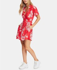 $98 Free People Blue Hawaii Printed Floral Fit and Flare Red Button Collar Dress
