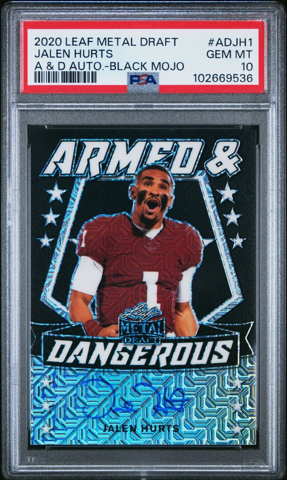 Jalen Hurts Leaf Metal Draft Armed & Dangerous Autographs #ADJH1 Black Mojo