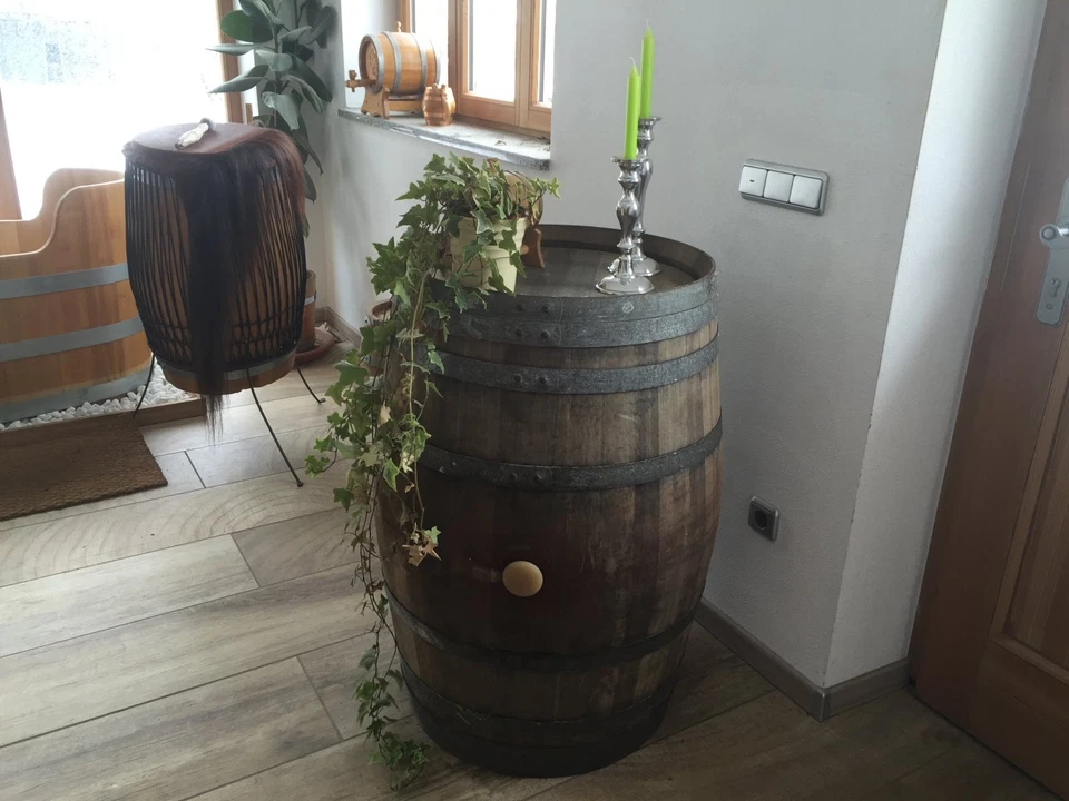 Holzfass Stehtisch gebrauchtes Weinfaß Tischfaß 225L Barriquefaß Eichenfaß Tisch - Bild 2 von 4