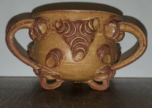Unique Pottery Mug 3 footed 3 handled Mug signed 