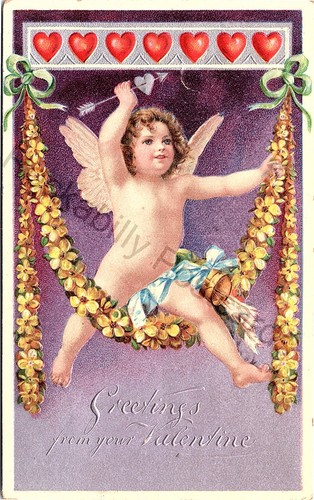 Cartolina San Valentino vintage 1900 fiori cupido campane cuori freccia argento dorato - Foto 2 di 3
