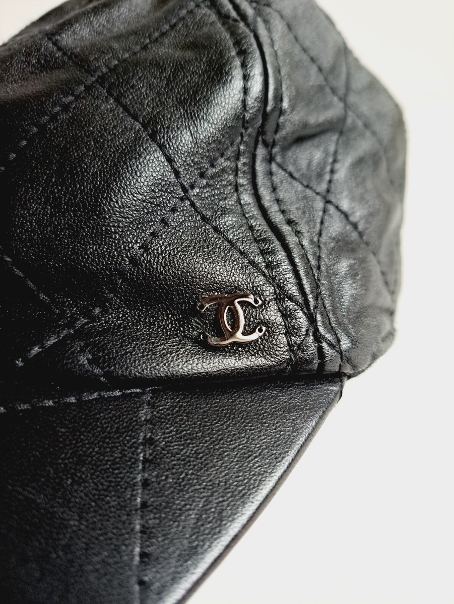 Chanel Black Quilted Lambskin Leather Cap Hat Size Small | eBay