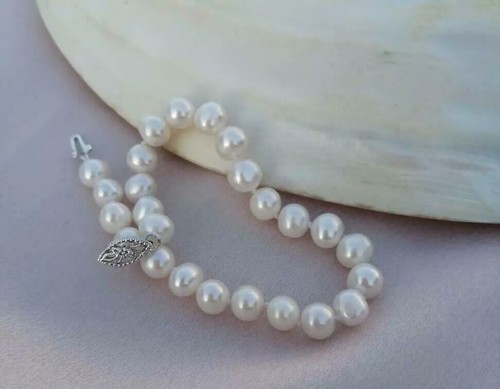 AAA+ 10-9mm Pulsera Perla Blanca Akoya Natural Real Cierre Oro Blanco 14k 7.5-8" - Imagen 4 de 4