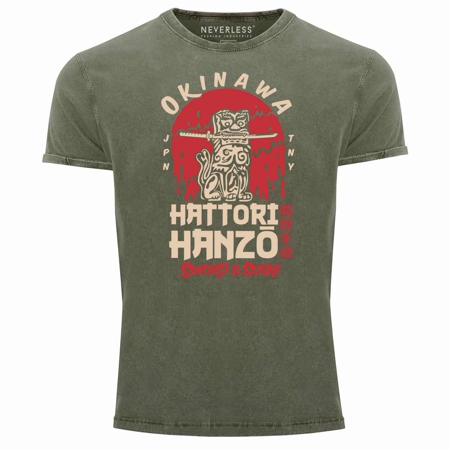 Camisa vintage para hombre Hattori Hanzo espada y sushi Okinawa Japón caracteres