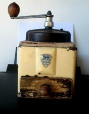 Superbe ancien moulin à café PEUGEOT Frères complet acier bois émail beige