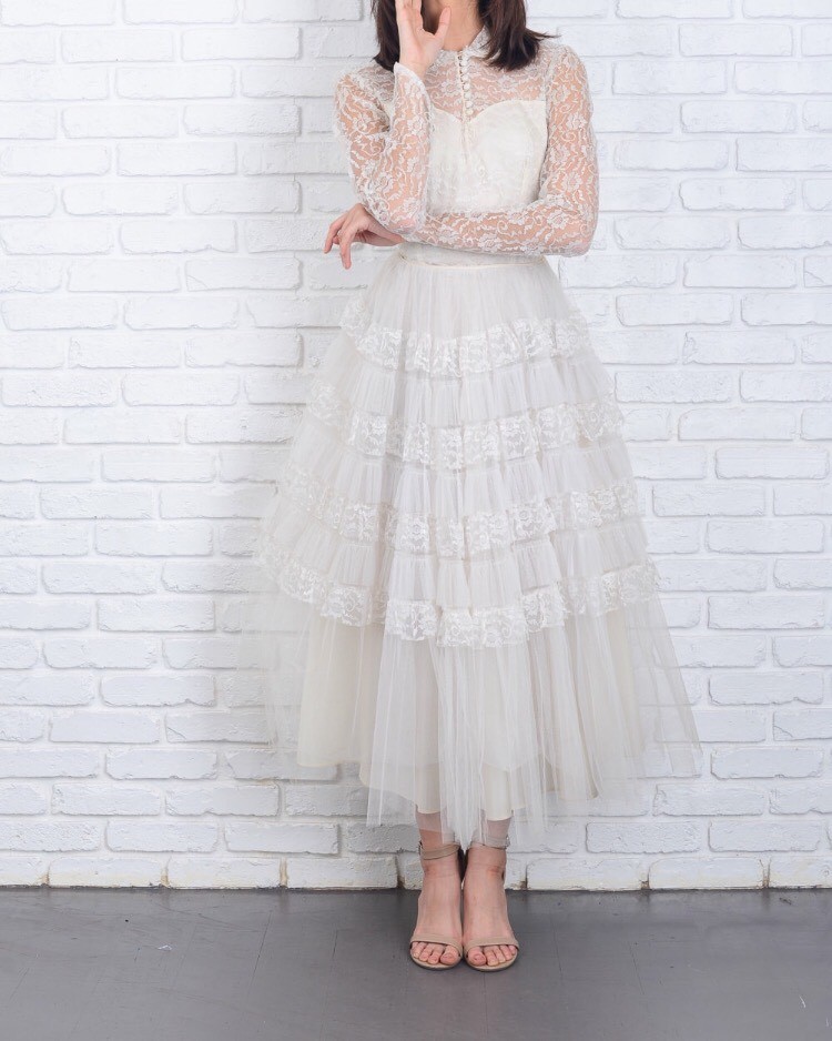 Vintage 50s 60s White Lace Wedding Dress Tiered Tulle Sheer Slv Floral  Collar XS | eBay