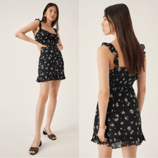 Reformation Silvia Mini Dress Black Floral Ruffle Smock Size S