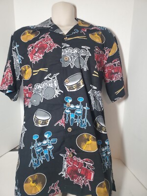 David Carey Rock N Roll Drum Set Button Up Vacation Shirt Size Medium M Black