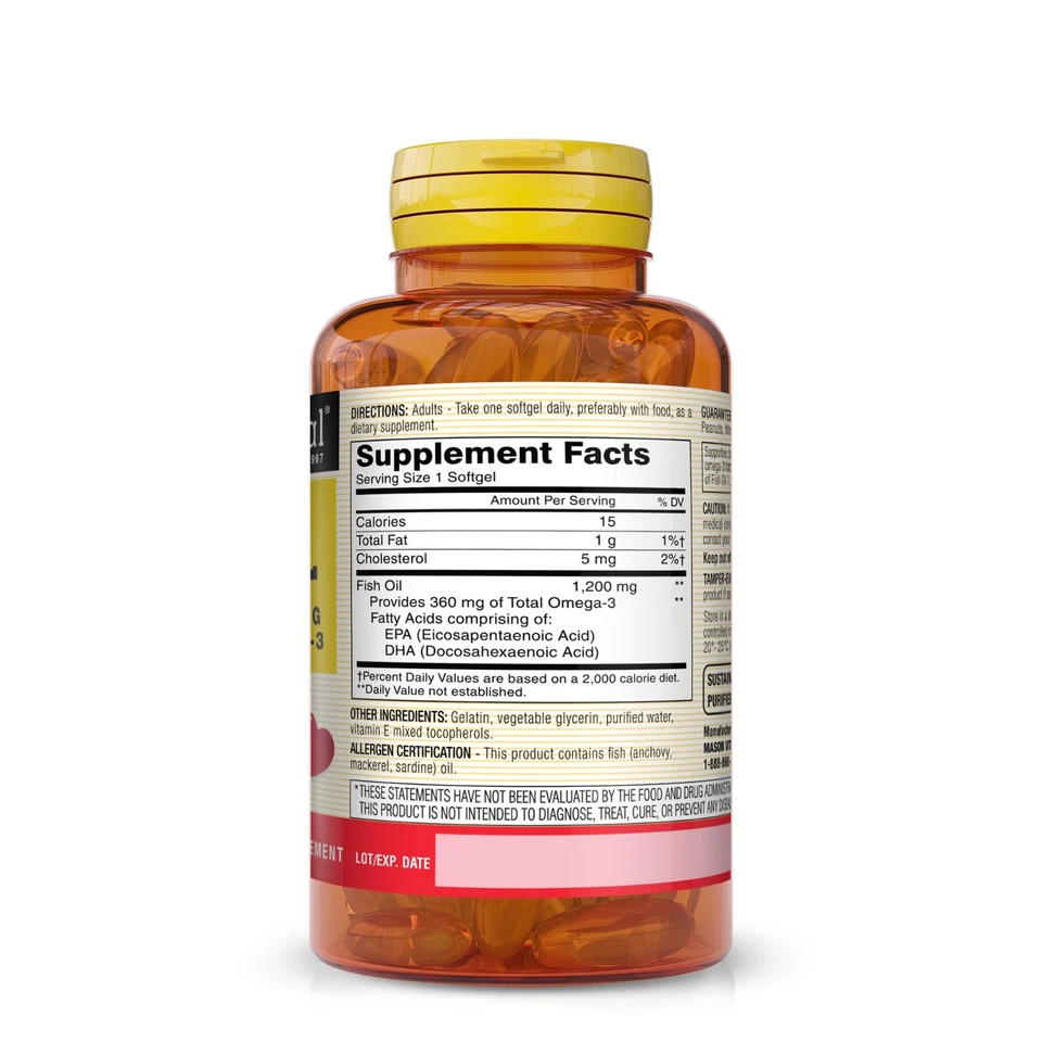 Aceite de pescado natural Mason 1.200 mg Omega-3 - Salud cardiovascular, 120 cápsulas blandas Foto 2 de 4