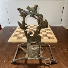 Vintage Garden Hose Holder Cast Brass Hanger Squirrels Watering Can Landscape