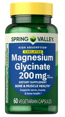 Spring Valley Magnesium Glycinate 200mg 60 Vegetarian Capsules Supplement