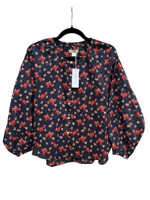 Outerknown Folk Top Organic Cotton Floral Blouse Navy Red Womens XS 2320028