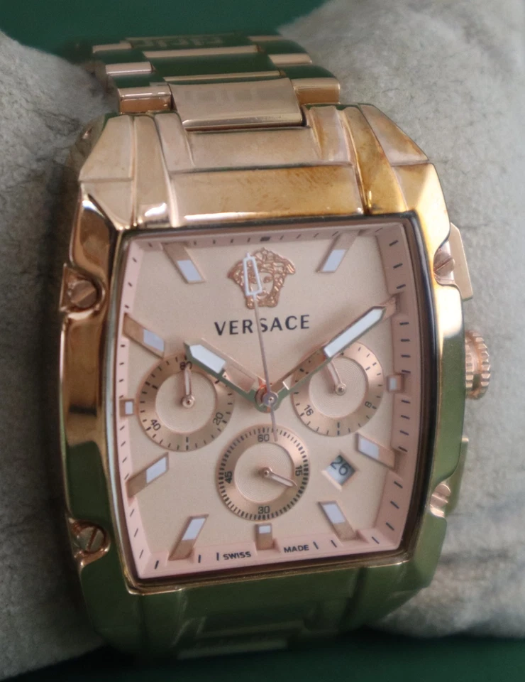 Reloj pulsera Versace de lujo de cuarzo para hombre cronógrafo esfera oro rosa todo funcionando Foto 3 de 4