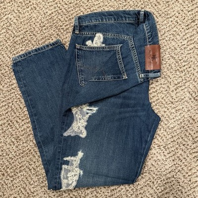 Lauren Ralph Lauren Lace Patchwork Relaxed Tapered Jeans Blue Denim Size 10 Boho