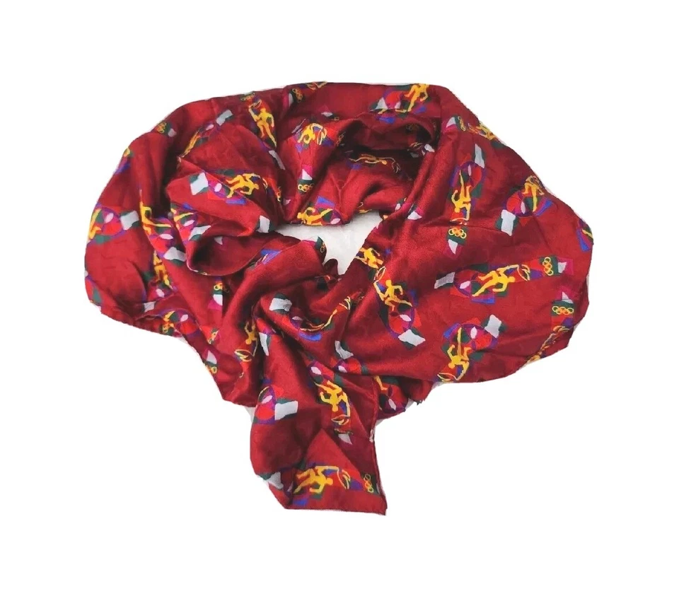 复古意大利 100% 真丝勃艮第奥运消防跑步者印花罕见 MCM 围巾 — 第 2/4 张图片