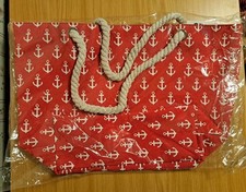 BNIP Cruise Club Heavy Canvas Bag W Rope Handles Red W White Anchors Beach Bag