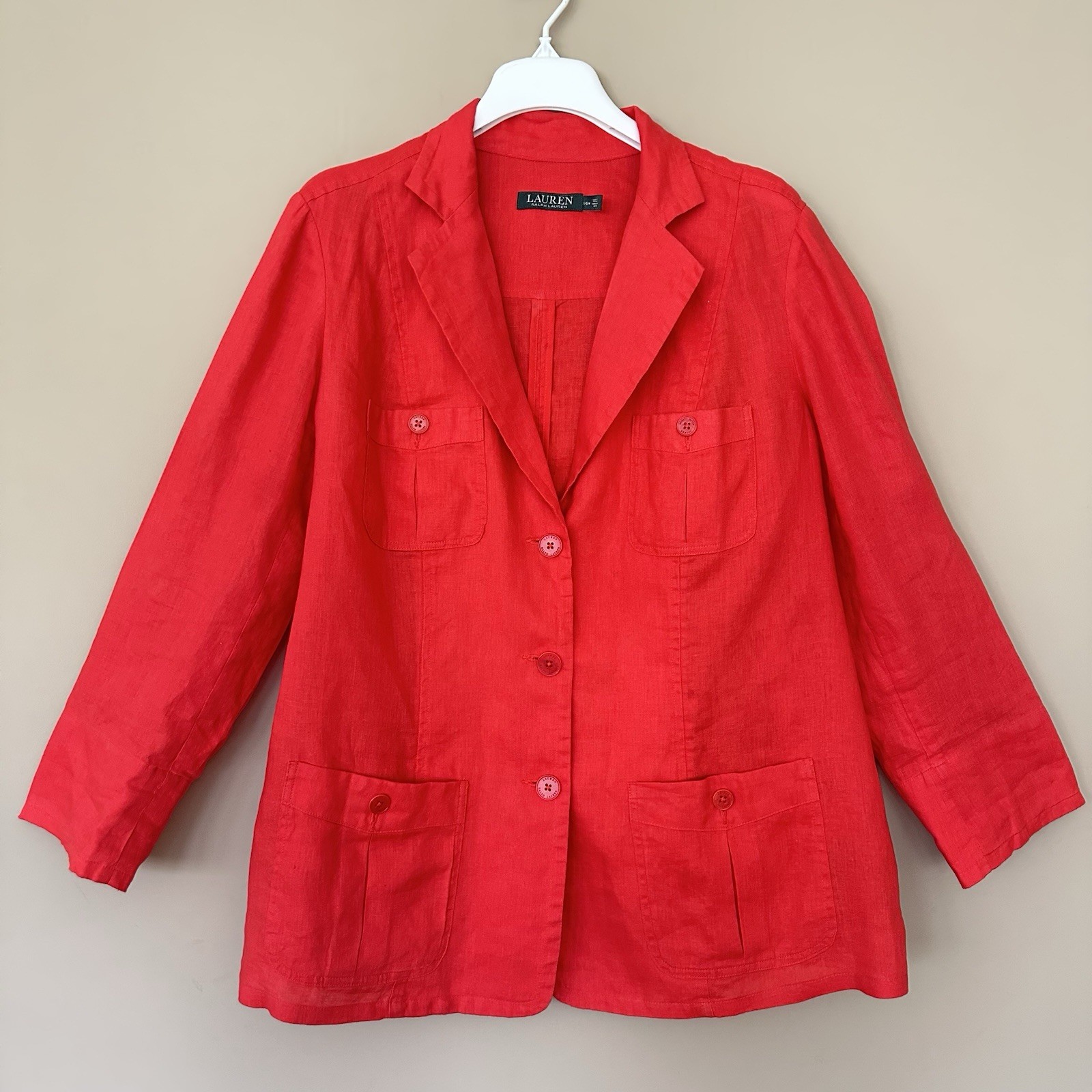 Lauren Ralph Lauren 100% Linen Red Jacket Blazer  Women 16 Button Old Money