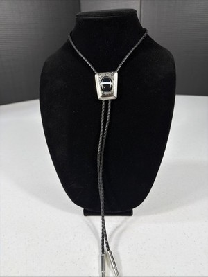  Black Bolo Tie Rectangular Silver Slide Onyx White Stripe Western