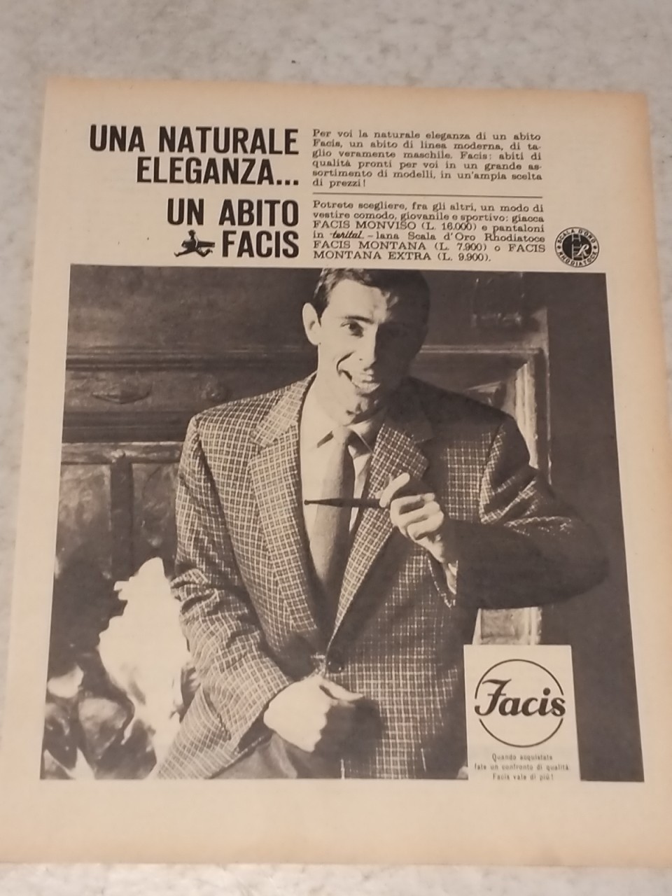 RITAGLIO PUBBLICITA ABITO FACIS NATURALE ELEGANZA VINTAGE 1962