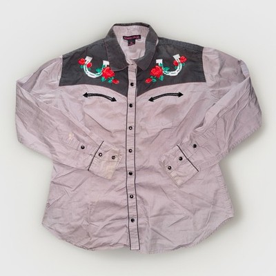 Vintage Rock & Roll Cowgirl Rose Horseshoe Rose Embroidery Western Shirt Size XL