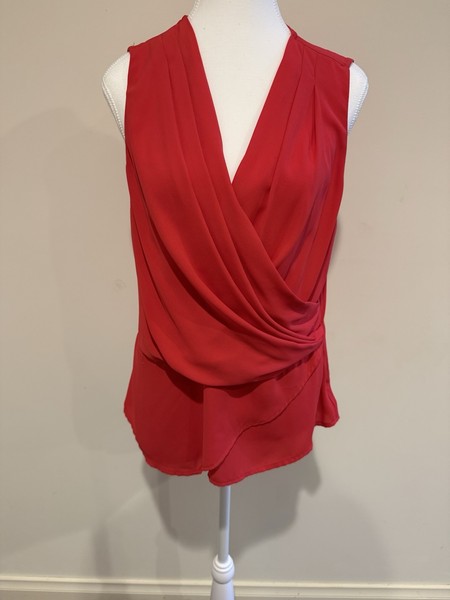Portmans Red Crossover Draped Blouse Top Size AU 12 Sleeveless Side Zip Workwear