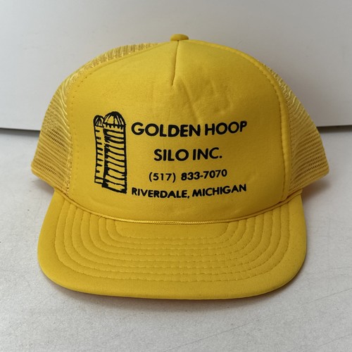 Golden Hoop Silo Inc Riverdale Michigan MI Yellow Trucker Hat Snapback Vintage