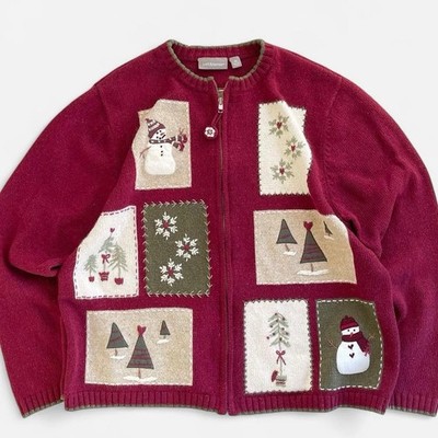 Croft & Barrow Burgundy Knit Embroidered Patchwork Snowman Christmas Cardigan XL
