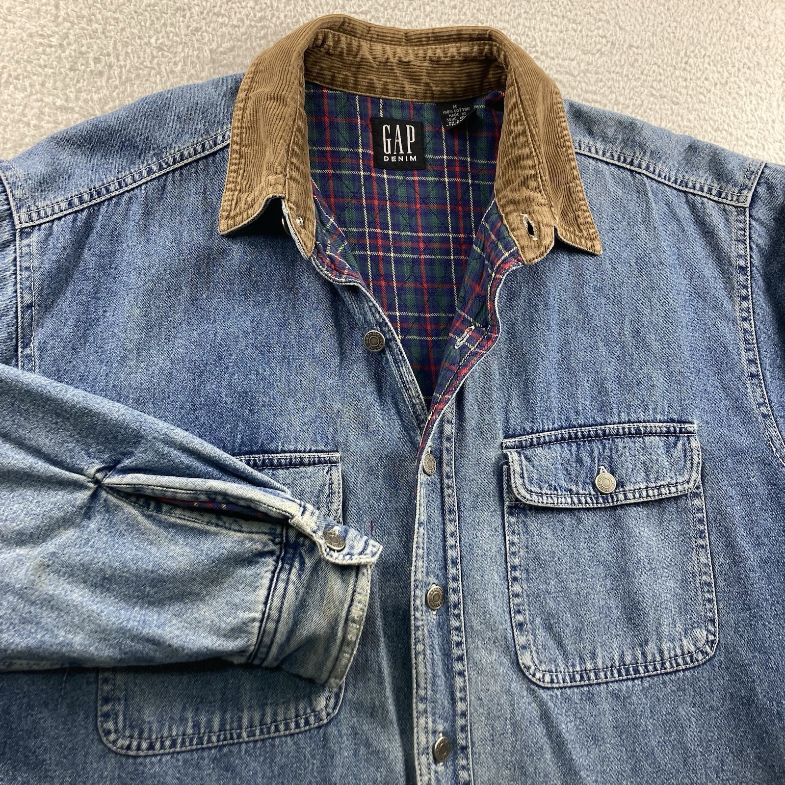 Vintage Gap Denim Jacket Men Medium Blue Corduroy Collar Pla