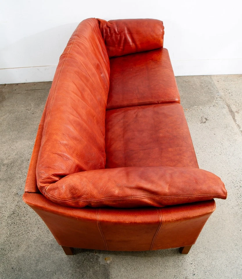 Mid Century Danish Modern Sofa Couch Ox Blood Red Leather 3 Seat Denmark Mcm - Image 3 of 4