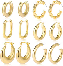6 Pairs Chunky Gold Hoop Earrings Set for Women 14K Gold Plated Hypoallergenic T