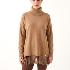 MICHAEL KORS Sz M Camel Fringed Hem Cowl Neck Knit Tunic Sweater with Logo EUC