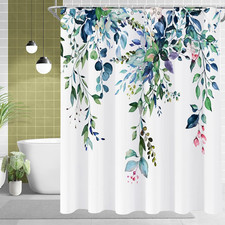 Eucalyptus Extra Long Shower Curtain Watercolor Green Leaves Plant Floral Spr...